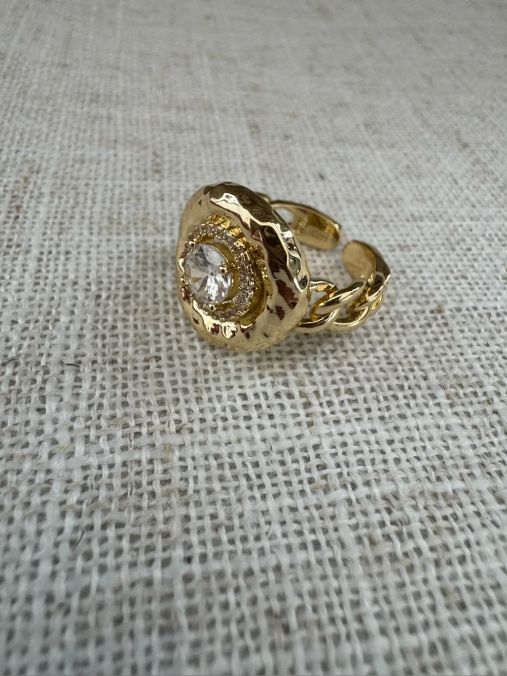 NEW Gold Chain-Link Ring Crystal Clear Stone NWOT One Size Adjustable